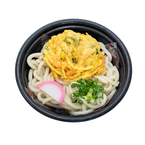 かき揚げうどん。和風だし香るつゆと国産小麦を使用したもっちり麺にかき揚げをトッピングしました。